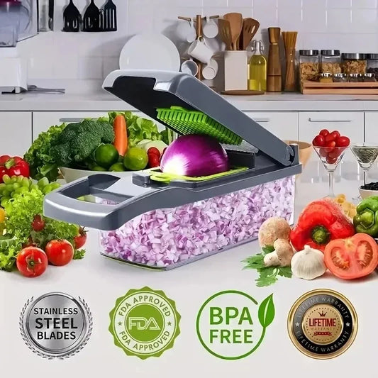 Picador Multifuncional para Cozinha – Conjunto com 14/16 Peças para Fatiar, Ralar e Picar de Forma Rápida