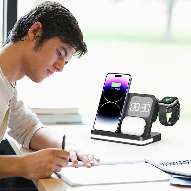 Carregador Sem Fio Multifuncional para Relógio, Celular e Fones – Carregue e Divirta-se